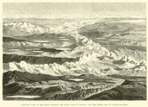 Panoramisch uitzicht op de Andes tussen het Bovenmeer van Titicaca en het Benedenmeer van Parihuanacocha door Edouard Riou
